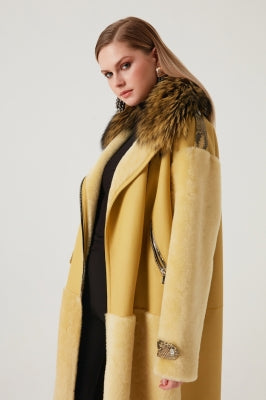 Rany Silver Fox Fur Collar Detailed Lamb Fur Women's Overcoat