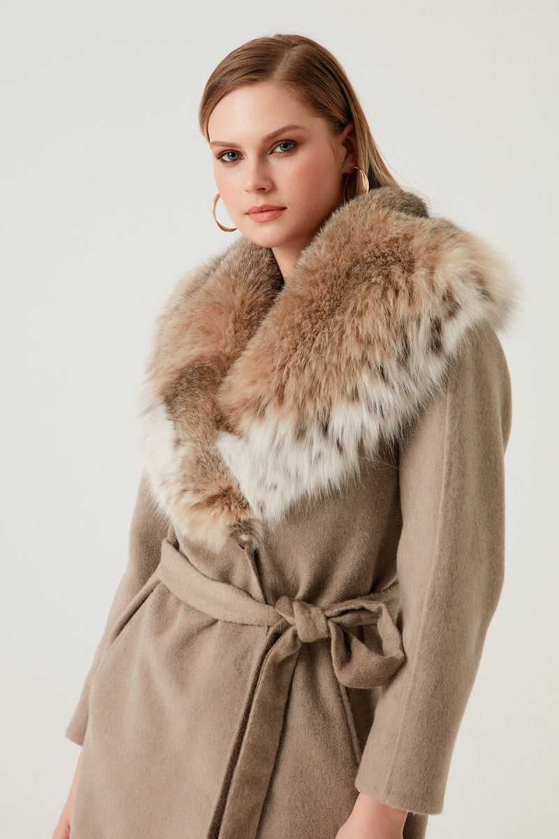 Isak Lynx Fur Collar Detailed Cashmere Women's Overcoat