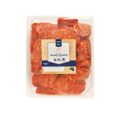 Sliced ​​spicy salami pack. 1kg