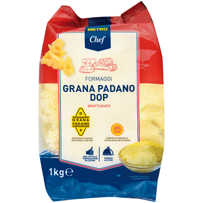 Packung mit geriebenem Grana Padano DOP. 1 kg